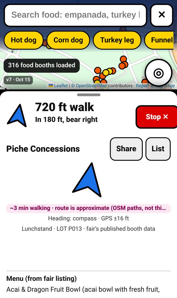 The expanded guide panel with a large direction arrow, walking time, GPS accuracy and the booth’s menu